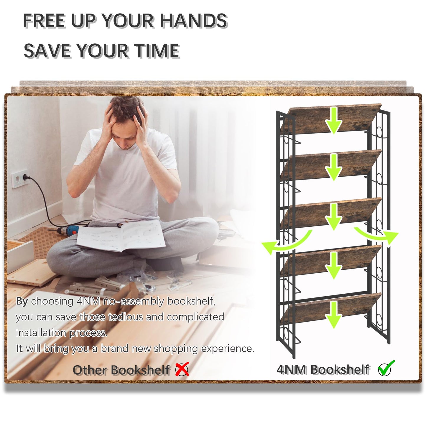 4NM No Assembly 5 Tiers Folding Bookshelf, 59.4" H Foldable Storage Shelves Vintage Bookcase Standing Racks Study Organizer Home Office - Rustic Brown Black