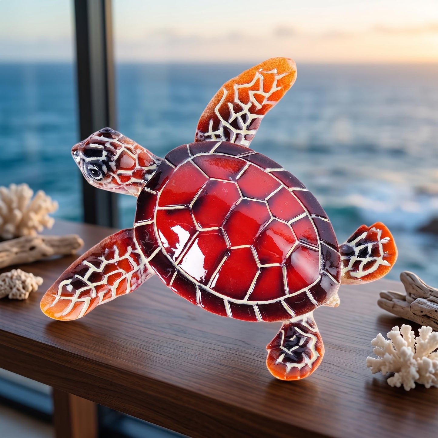 Brizoria Sea Turtle Decor Mini Turtles Vibrant Mosaic Shell Resin Figurines for Ocean Decor Coastal Tabletop Shelf Beach Themed Room Decor and Sea Turtle Gifts, Red