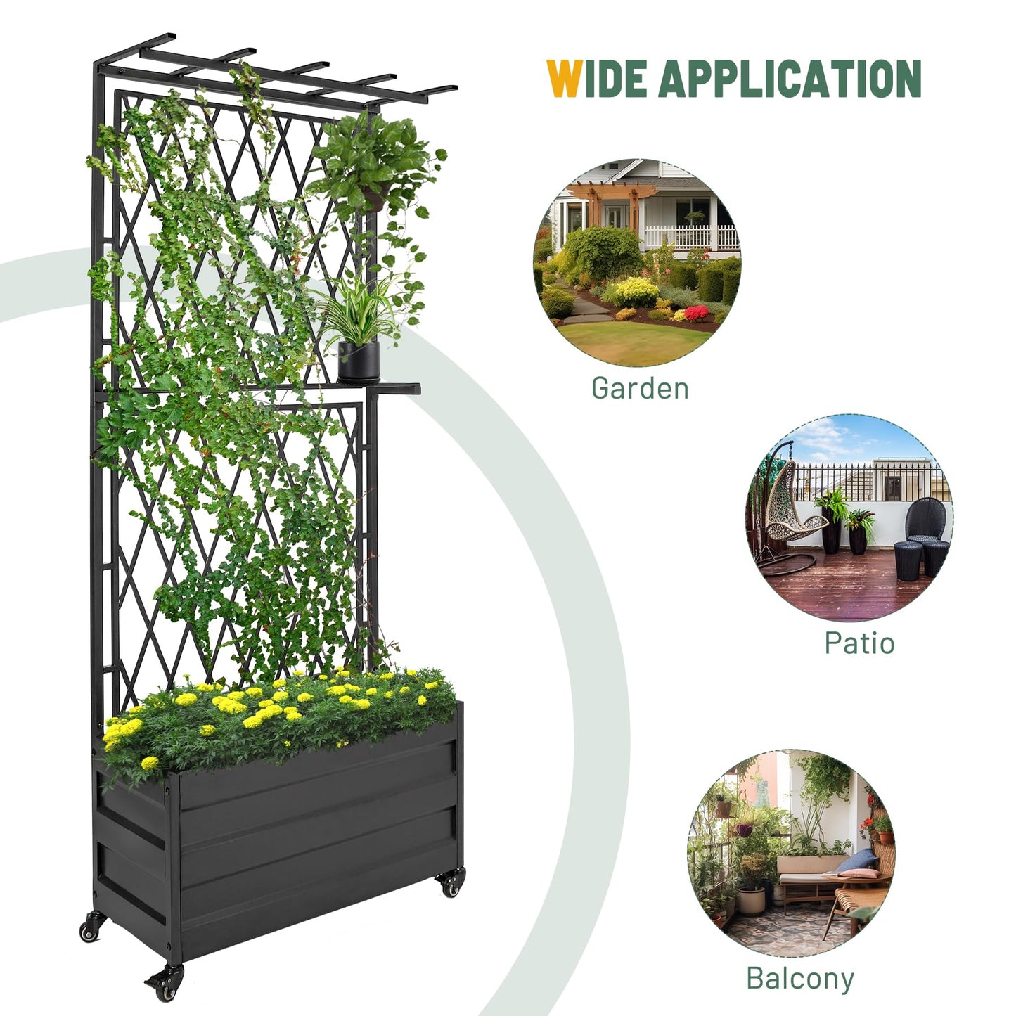 Stonehomy Metal Planter Box with Lattice Trellis and Wheels, 70 inches Tall Heavy Duty Planter Box & Raised Garden Bed with Trellis for Climbing Plants Flowers with Drainage Holes, 30Lx12Wx70H, 2Pack
