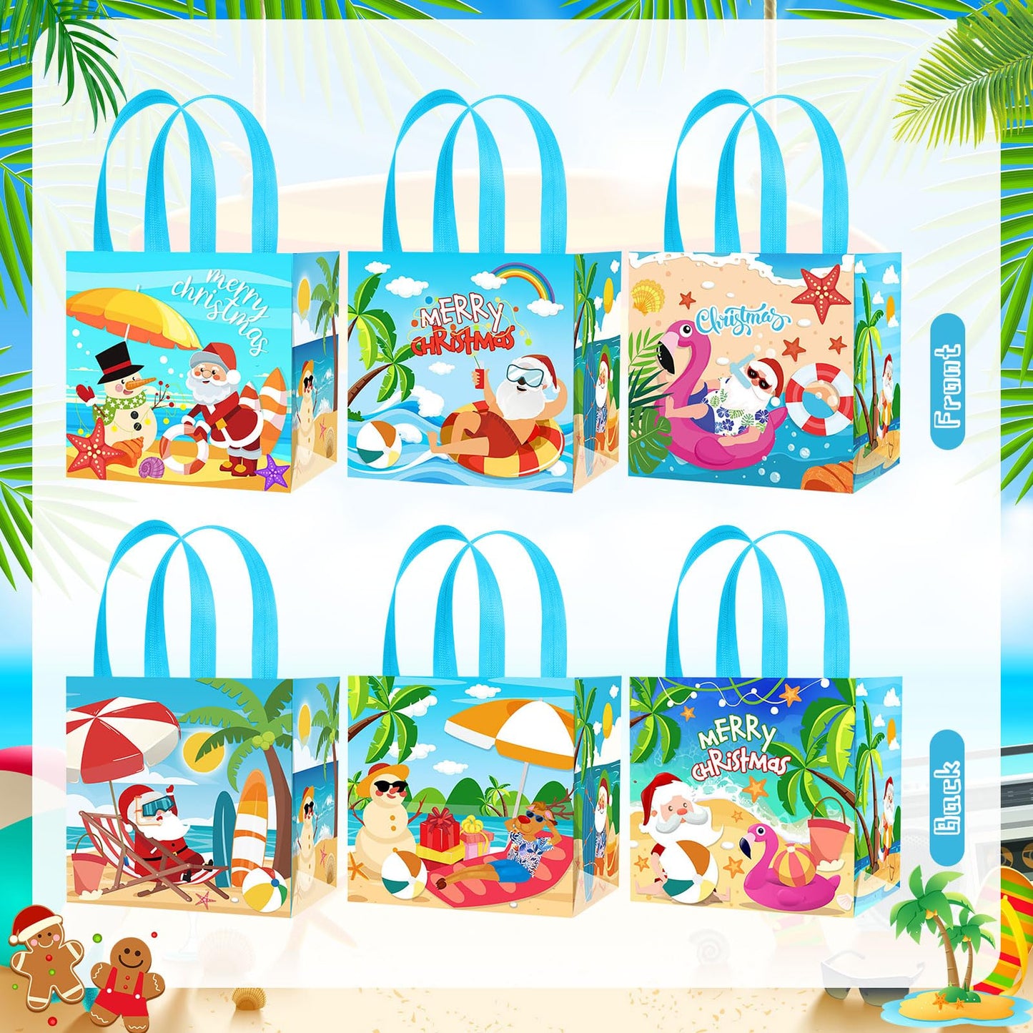 HOWAF 12 PCS Summer Christmas Decorations Gift Bags, Tropical Christmas Non-Woven Tote Bags with Handle Decoration, Beach Santa Goodie Bag for Hawaii Mele Kalikimaka Treat Bag