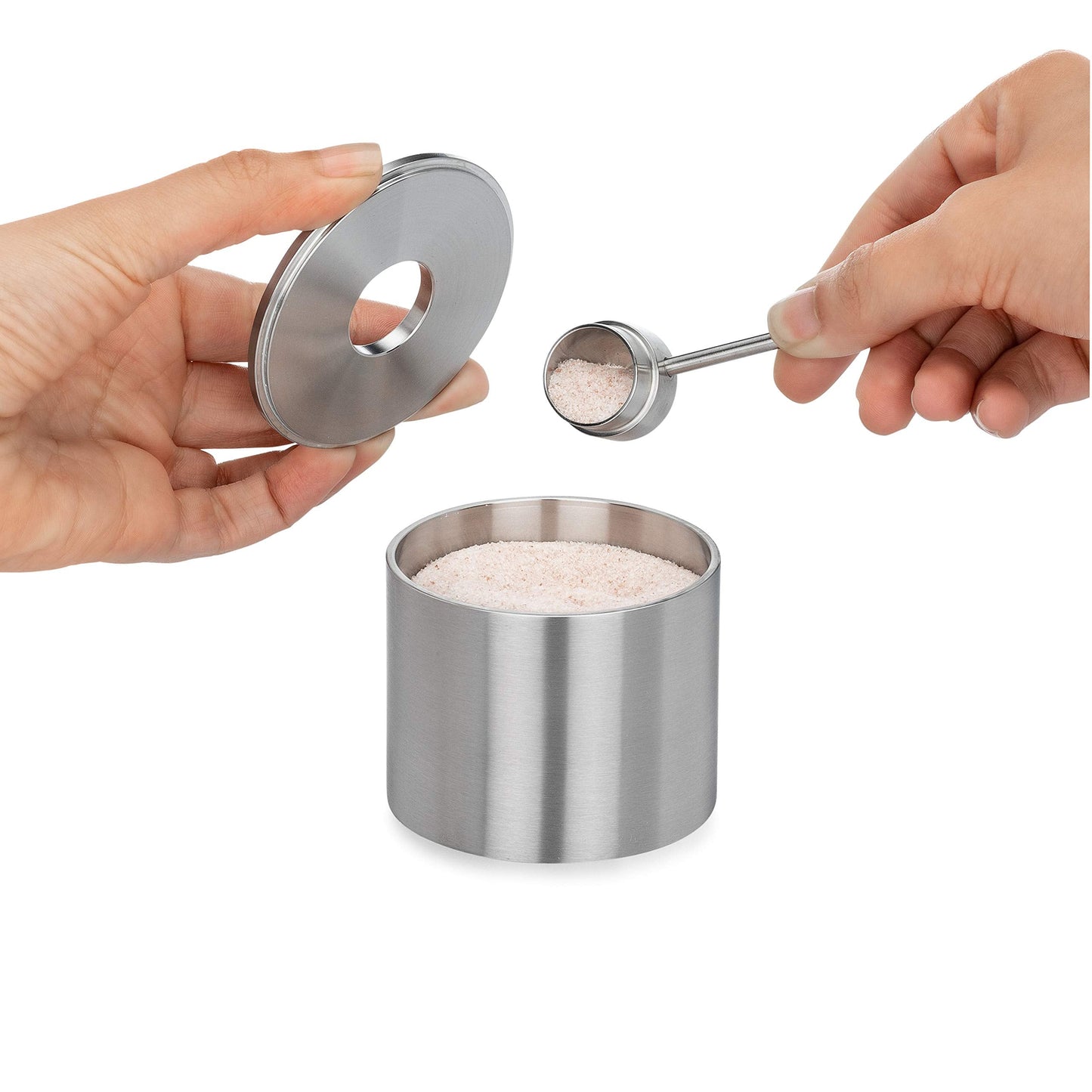 Grind Gourmet Salt Cellar, Spice Jars Stainless Steel, Storage Spice Jars Silver Cellar With Spoon Solid Stainless Steel Holder (Large, Silver)