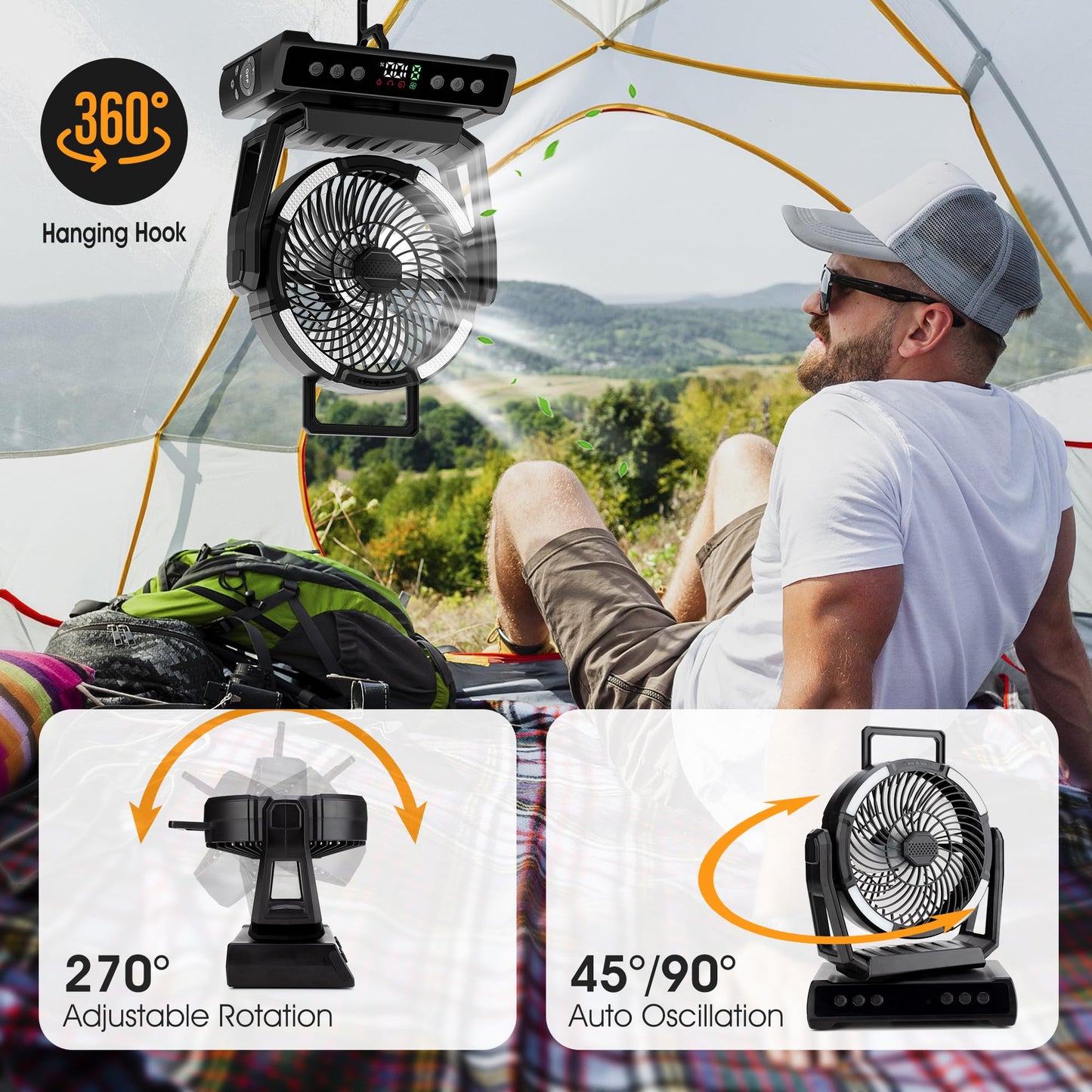 Camping Portable Fan with Light, 40000mAh Rechargeable Cordless Battery Powered Fan, 9 Speed Oscillating Fan with 360° Rotation Hanging Hook for Travel Home Camping Tent Office Beach Desk Fishing