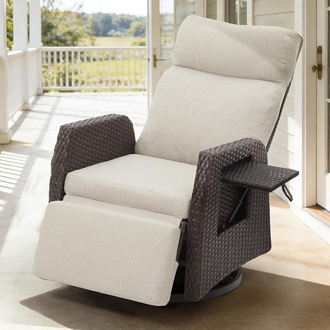 Adjustable Outdoor Recliner Chair with Independent Backrest & Footrest, Patio Swivel Recliner Chair, Wicker Reclining Patio Chair w/Flip-Up Table, Air Pump 155° Lay Flat Chaise Lounge, Beige