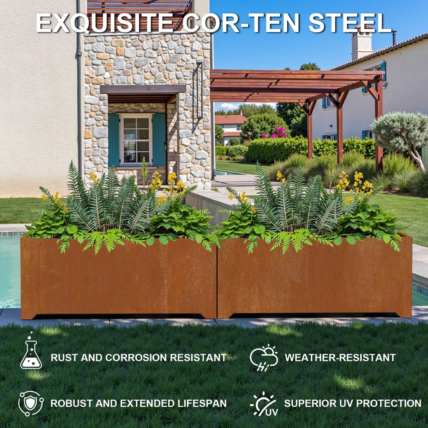 Gabviem Large Planters for Outdoor Plants 32"L x 15"W x 15"H, Co-rten Steel Planter Box with 6 Drainage Holes, Raised Bottom, All-Weather Garden Planter Box for Patio, Lawn, Commercial & Residential