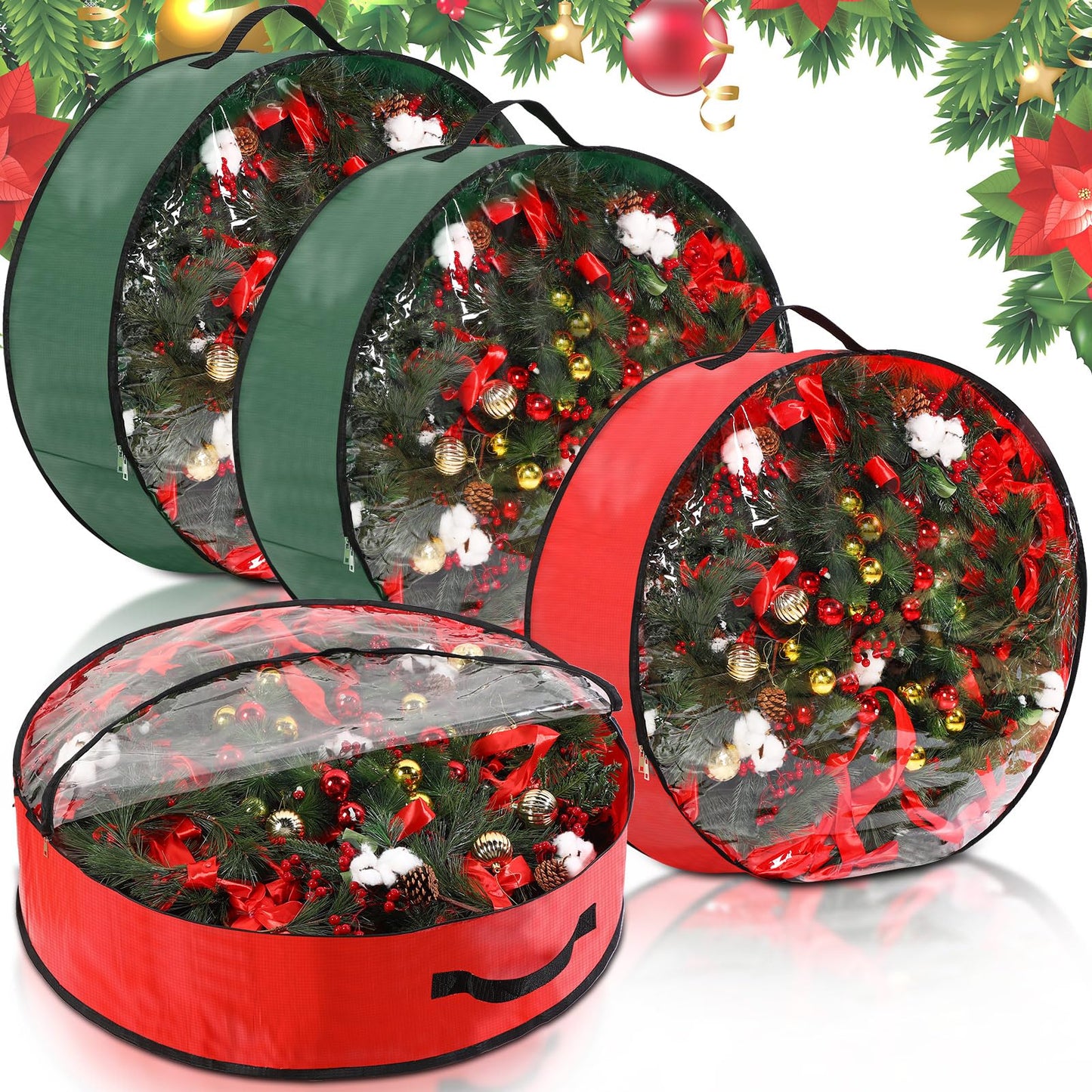Aliceset 4 Pack Wreath Storage Containers, Ornament Garland Wreath Storage Bags with Handle Zipper Decorative Storages Box for Christmas in July Wreaths(24 x 24 x 7.8 Inch,Red, Green)