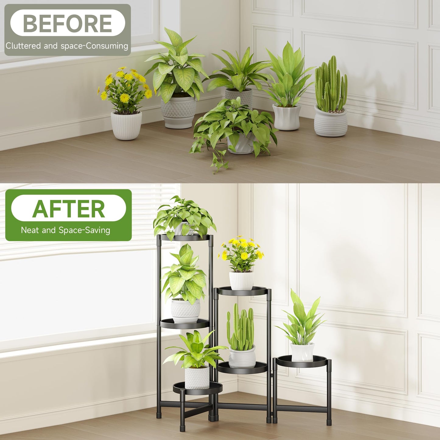 Biciyarn Plant Stand Indoor Outdoor with Metal Tray 6 Tiered Corner Plant Holders for Folding Plants Flower Pot Holder Display Stand for Living Room Balcony Garden-Black