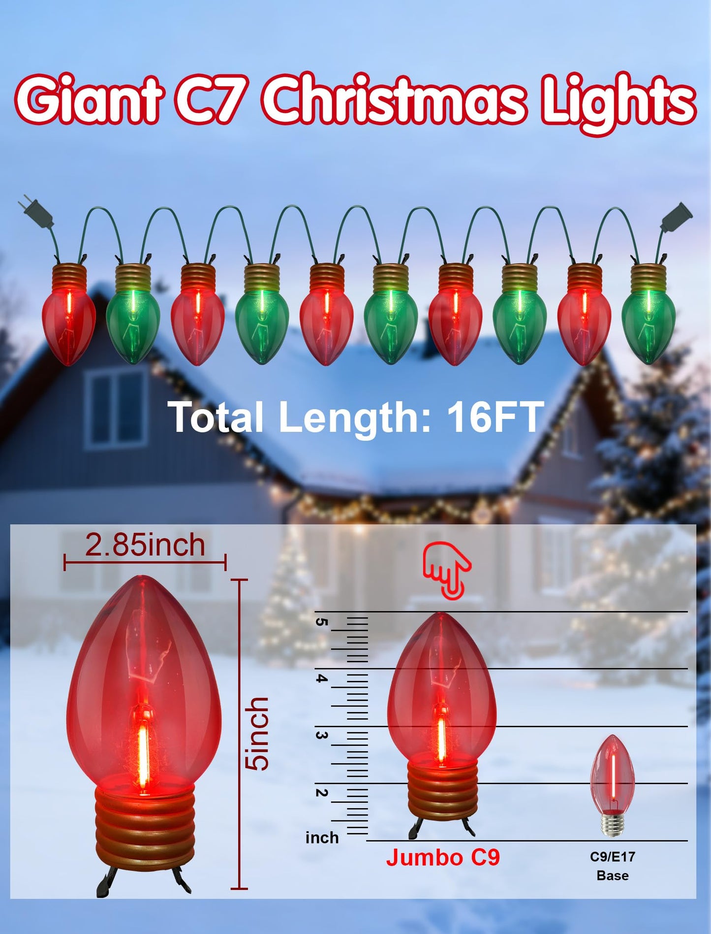 Pallerina 16FT Jumbo Red and Greeen Christmas Lights,Outdoor Giant Christmas Decorations Lights with 10 LED Clear Red and Greeen Bulbs for Tree Holiday Home Roof Yard Garden Decorations