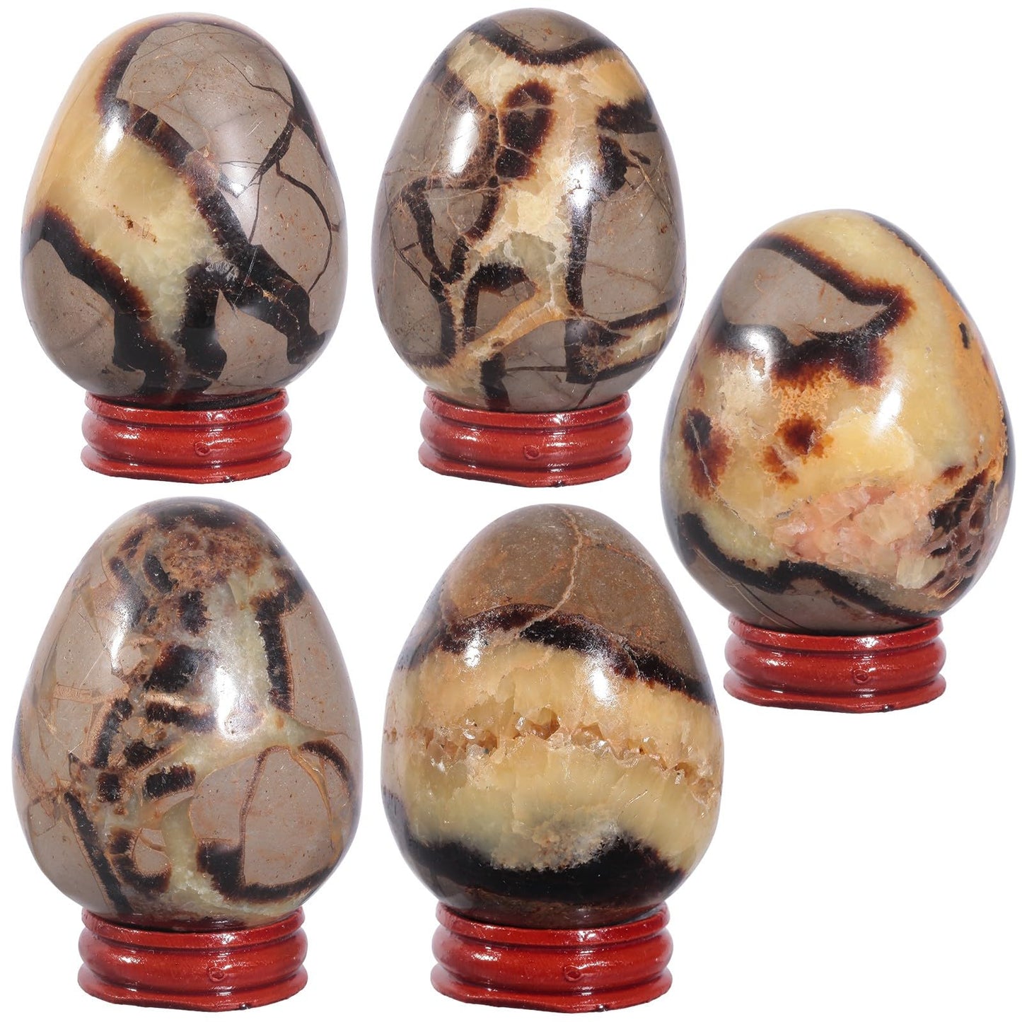 SUNYIK Natural Septarian Dragon Crystal Egg with Wooden Stand, Polished Oval Stone Egg Feng Shui Decoration Home Office Specimen for Easter Day, 2.4-2.95"