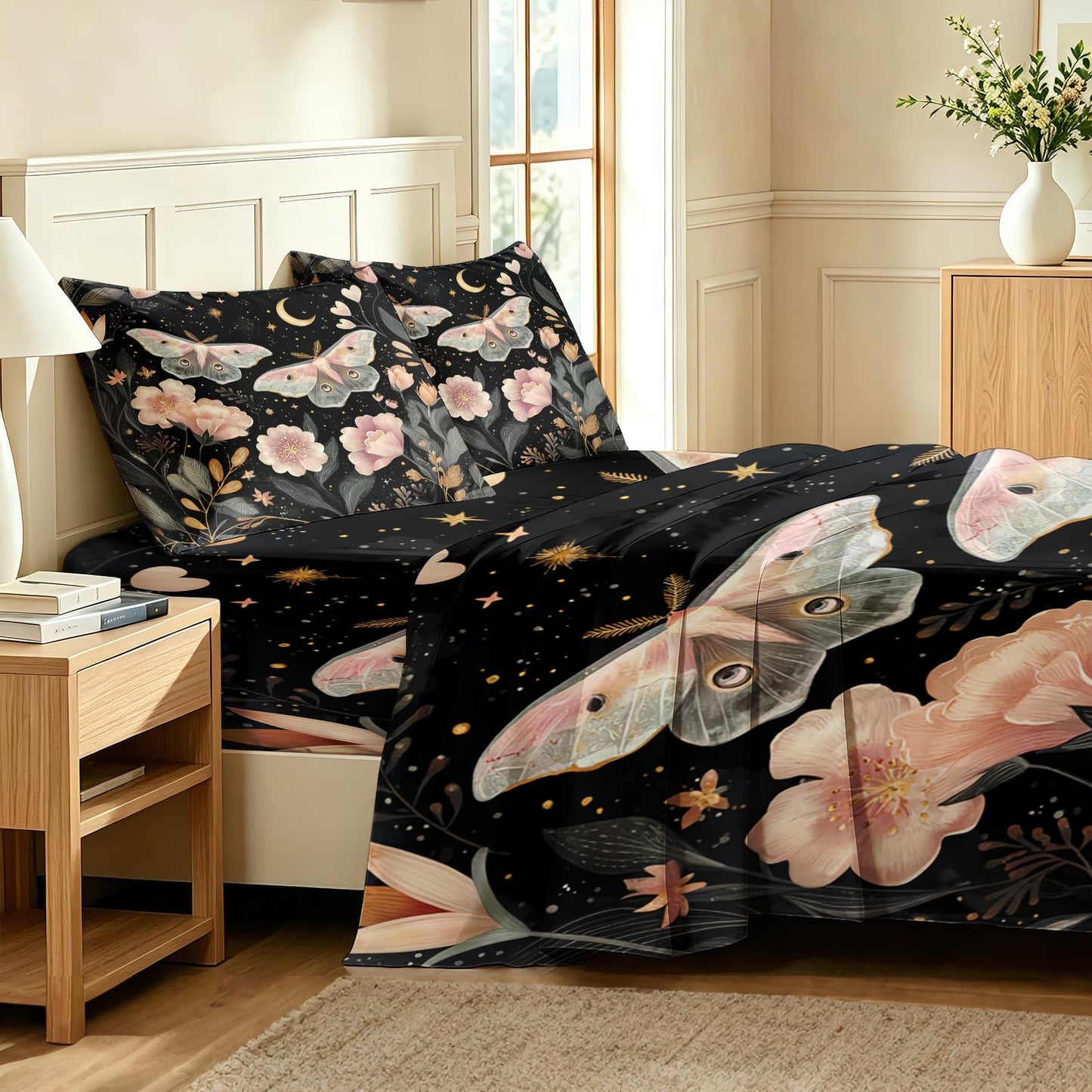 Pink Luna Moth Bedding Set 4 Pcs Girls Moon Star Full Sheets