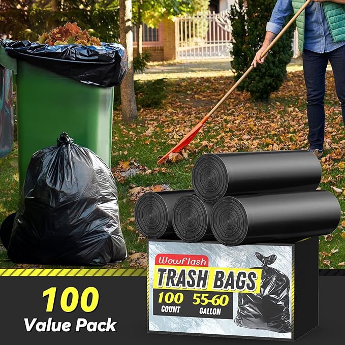 100 Count 55-60 Gallon Trash Bags, Sturdy & Tear-Resistant Commercial Can