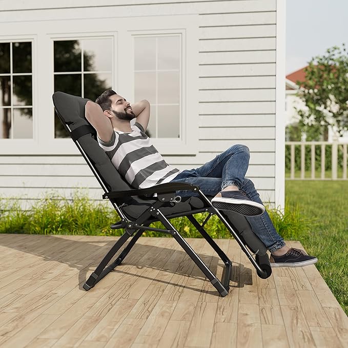 UDPATIO Oversized Zero Gravity Chair, 33In XXL Patio Reclining Chair with Cushion, Outdoor Folding Recliner with Pillows|Cup Holder|Foot Rest|Padded Headrest, Dark Grey, Support 500LB