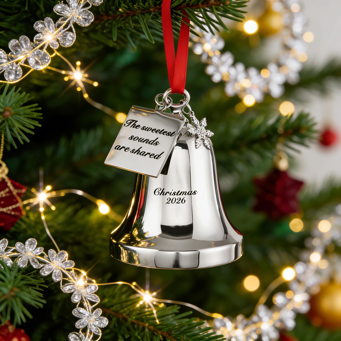 JUPPE 2026 Silver Christmas Bell Ornament with Snowflake Charm, Silver Metal Tag Engraved- The Sweetest Sounds are Shared, Red Ribbon (Silver 2)