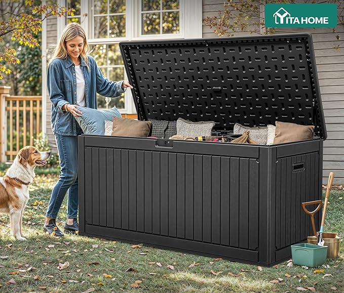 YITAHOME 260 Gallon Large Deck Box with Divider & Side Handles, Outdoor Double-Wall Storage for Patio Furniture Cushions, Garden Pool Accessories, Water Resistant & Lockable
