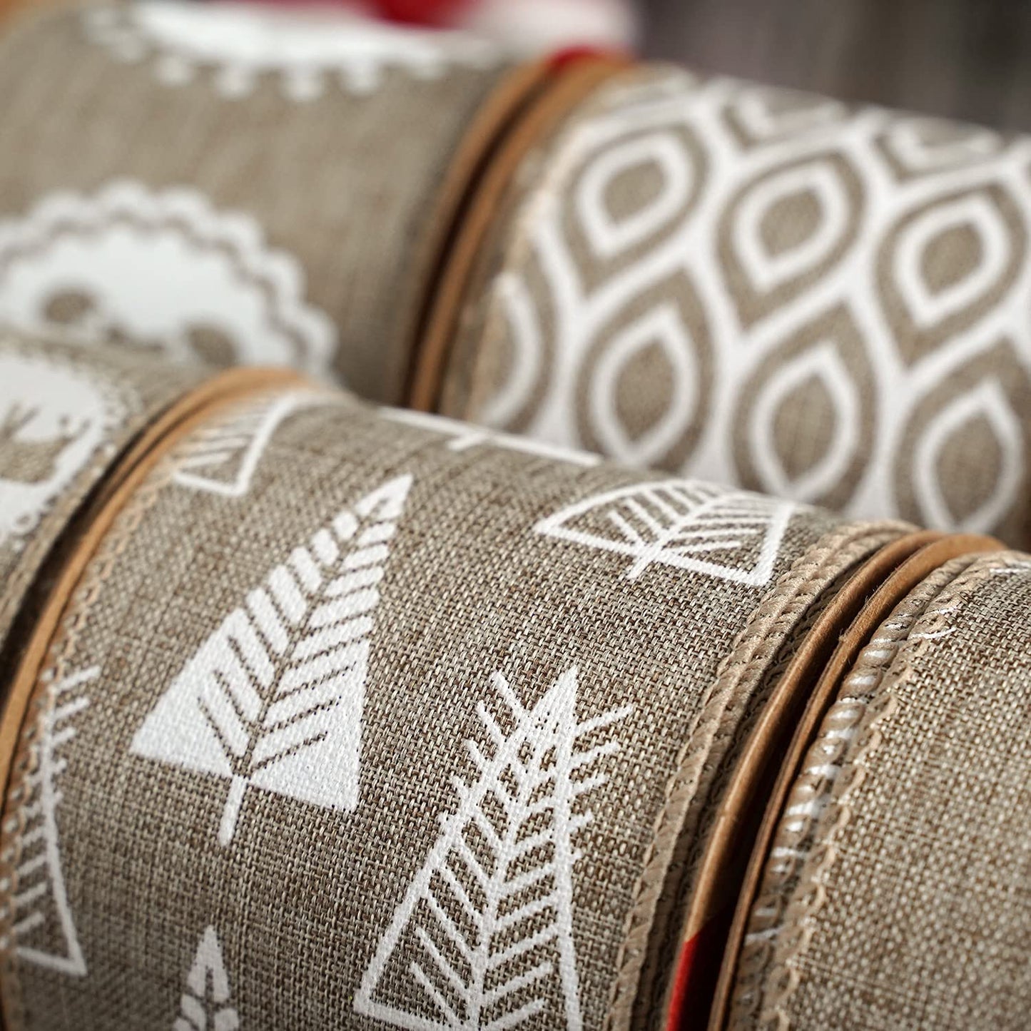 MEEDEE Burlap & White Print Ribbon - Wired Burlap Ribbon, 2.5 Inch, 6 Rolls, 36 Yards - Christmas Tree & Wreath Decorations
