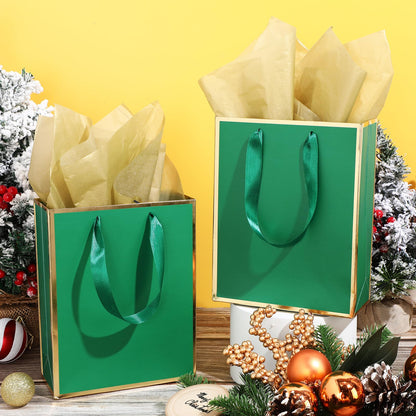 Yeaqee 24 Pack Metallic Paper Gift Bags with Handle and Tissue 9x7x3.1 Gold Foil Welcome Thank You Favor Bags Return Gifts for Wedding Mothers Graduation Bridesmaid Birthday(Green Gold)
