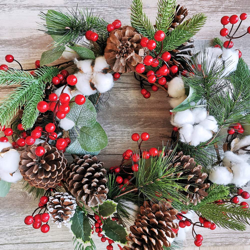 Artificial Christmas Pine Garland with Berries Pinecones Spruce Eucalyptus Leaves Cotton Balls Winter Greenery Garland for Holiday Season Mantel Fireplace Table Runner Centerpiece Décor 6 feet
