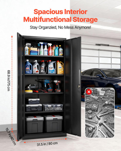 VEVOR Metal Storage Cabinet, Lockable Steel Garage Cabinet with Magnetic Doors and Adjustable Shelves, 2 Keys, 5-Tiers Tall Tool Locker for Home, Office, School, Pantry, Warehouse, Laundry, Black