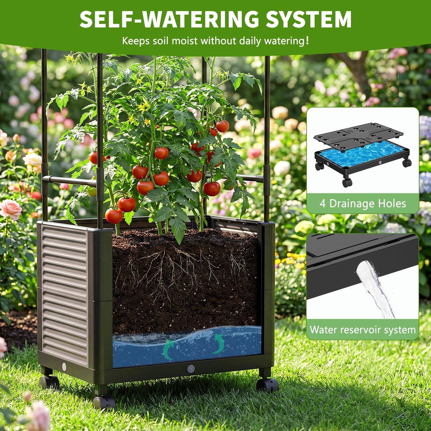 DoCred 60" H Raised Garden Bed Planter Box with Wheels, 3 Pack Tomato Cage Planter Raised Garden Bed with Trellis for Climbing Vegetables Plants Tomato Cage, Indoor Outdoor Use