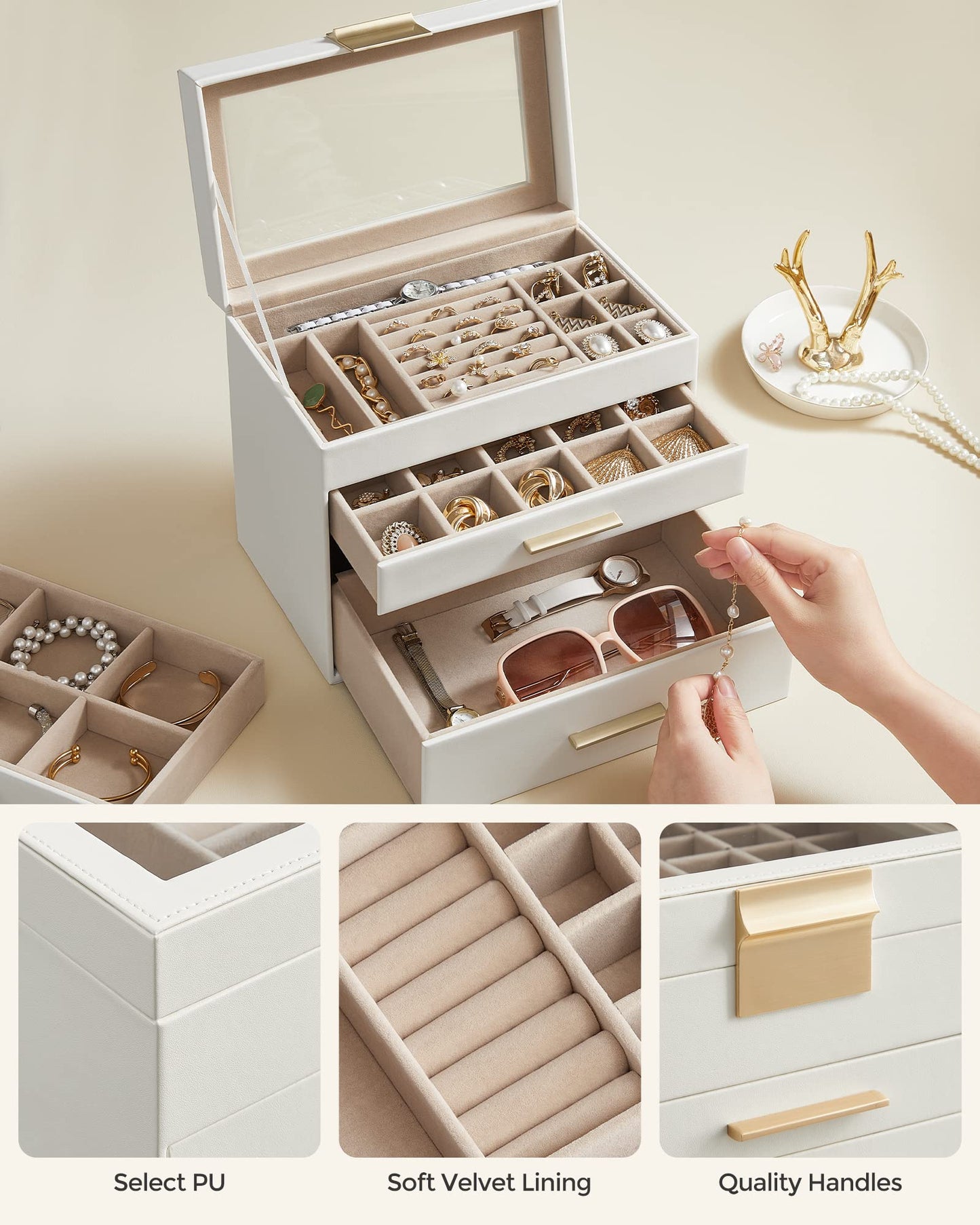 SONGMICS Jewellery Box with Glass Lid, 4-Layer Jewellery Storage Organiser with 3 Drawers, Plenty of Storage, Modern, Gift Idea, 15.3 x 25.1 x 21.5 cm, Cloud White and Gold Colour JBC161W01