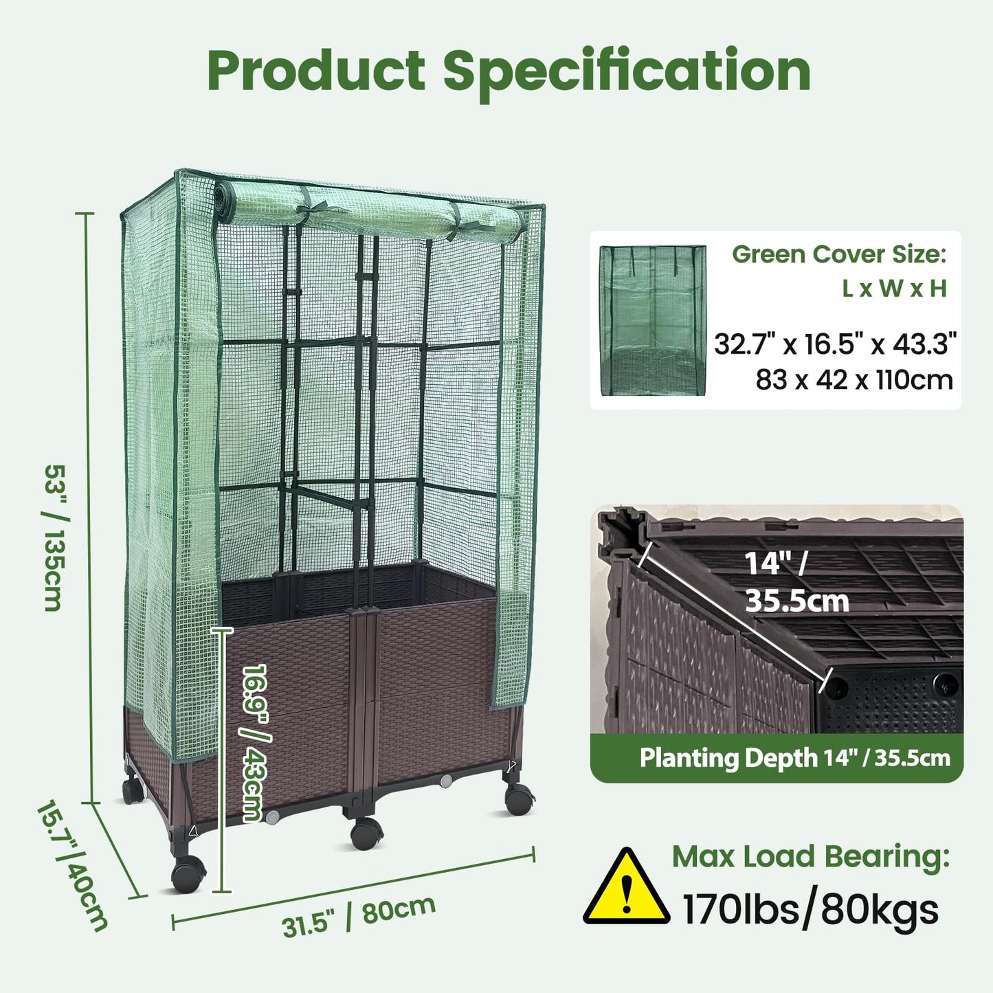 MAYOLIAH 3-in-1 Raised Garden Bed Large Planter Box with Trellis & Cover on Wheels Plastic Tomato Planter with Greenhouse for Deep Rooted & Climbing Plants 31.5x15.7x53-inch Brown