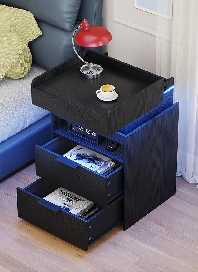Turosur LED Night Stand with Gun Drawer, Smart Nightstand with Hidden Charging