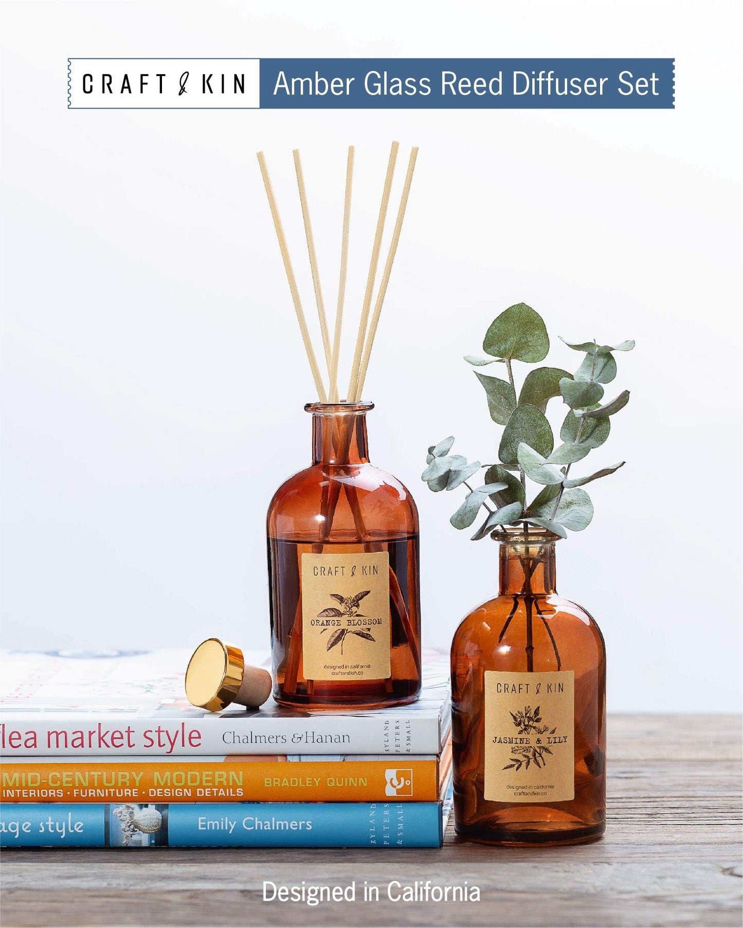 Craft & Kin Sage, Mint & Lavender Reed Diffuser | All Natural Essential Oil & 8 Rattan Scent Sticks | Reed Diffusers for Home, Bathroom | Long Lasting Home Fragrance in Amber Glass, 5.75oz