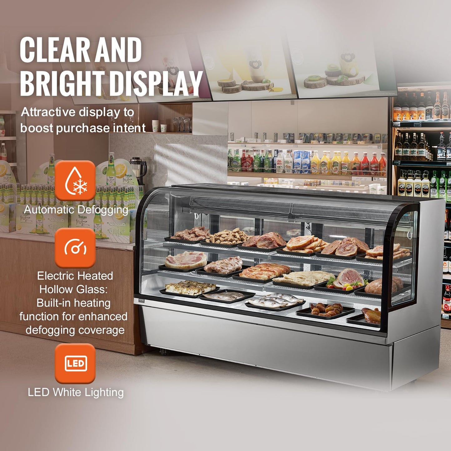 VEVOR Deli Case, 32 Cu.Ft./901L Large Pastry Display Case, 4-Tier Commercial Display Refrigerator with LED Lighting, Downdraft Cooling, Movable with Casters, for Bakery