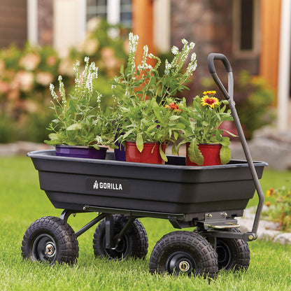 Gorilla Carts GOR4PS Poly Garden Dump Cart with Steel Frame and 10-in. Pneumatic Tires, Padded pull handle and Quick-release for easy unloading, 600-Pound Capacity, Black