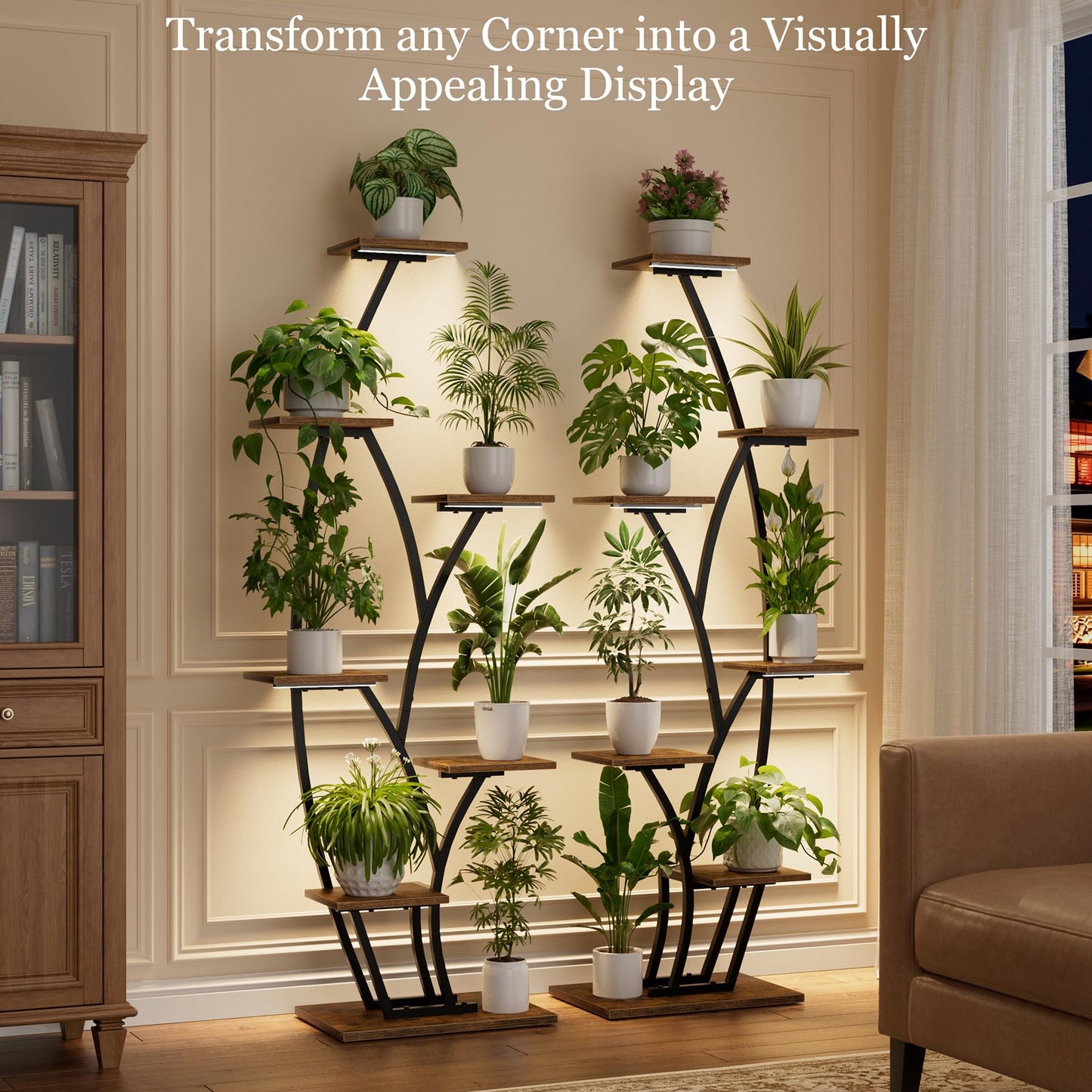 Plant Stand Indoor with Grow Lights - Lighted Indoor Plant Shelf Tall, 61" 7 Tier Large Plant Stands for Indoor Growing, 2 Pack Corner Flower Shelves, Half-Moon Metal Holder for Home Living Room Black