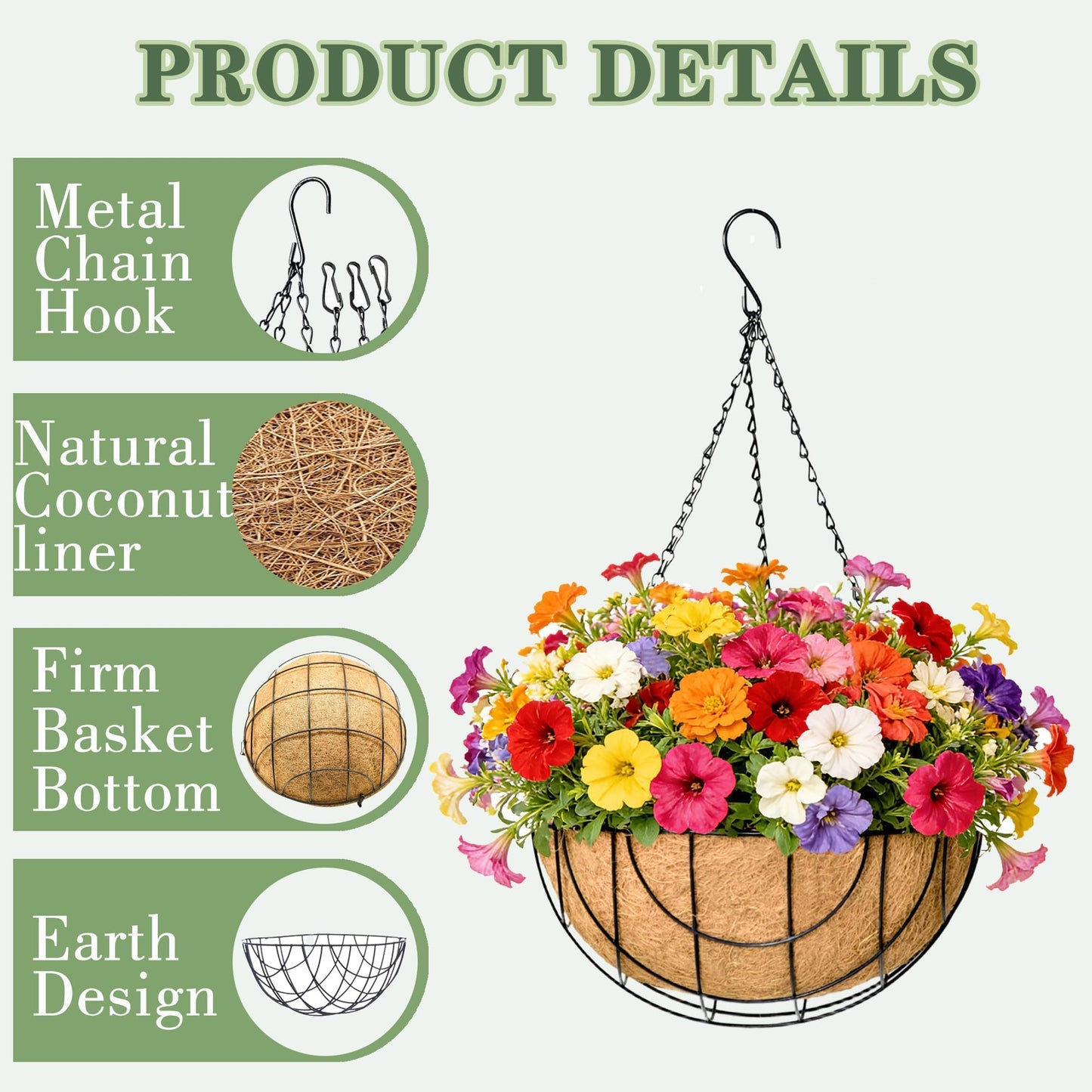 EIMQUVW Outdoor Metal Hanging Planters Basket (4pack, 14 inch) Hanging Baskets for Plants Chain Round Wire Plant Holder with Coco Fiber Liners for Garden, Patio, Deck, Porch(Grid)