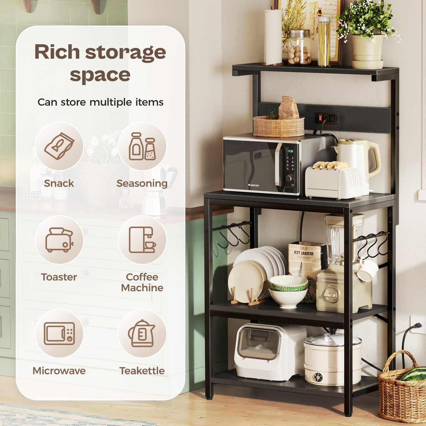 SUPERJARE Kitchen Bakers Rack with Power Outlet, Coffee Bar Table 4 Tiers, Kitchen Microwave Stand with 6 S-shaped Hooks, Storage Shelf Rack for Spices, Pots and Pans - Rustic Brown