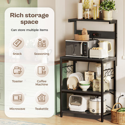 SUPERJARE Kitchen Bakers Rack with Power Outlet, Coffee Bar Table 4 Tiers, Kitchen Microwave Stand with 6 S-shaped Hooks, Storage Shelf Rack for Spices, Pots and Pans - Rustic Brown