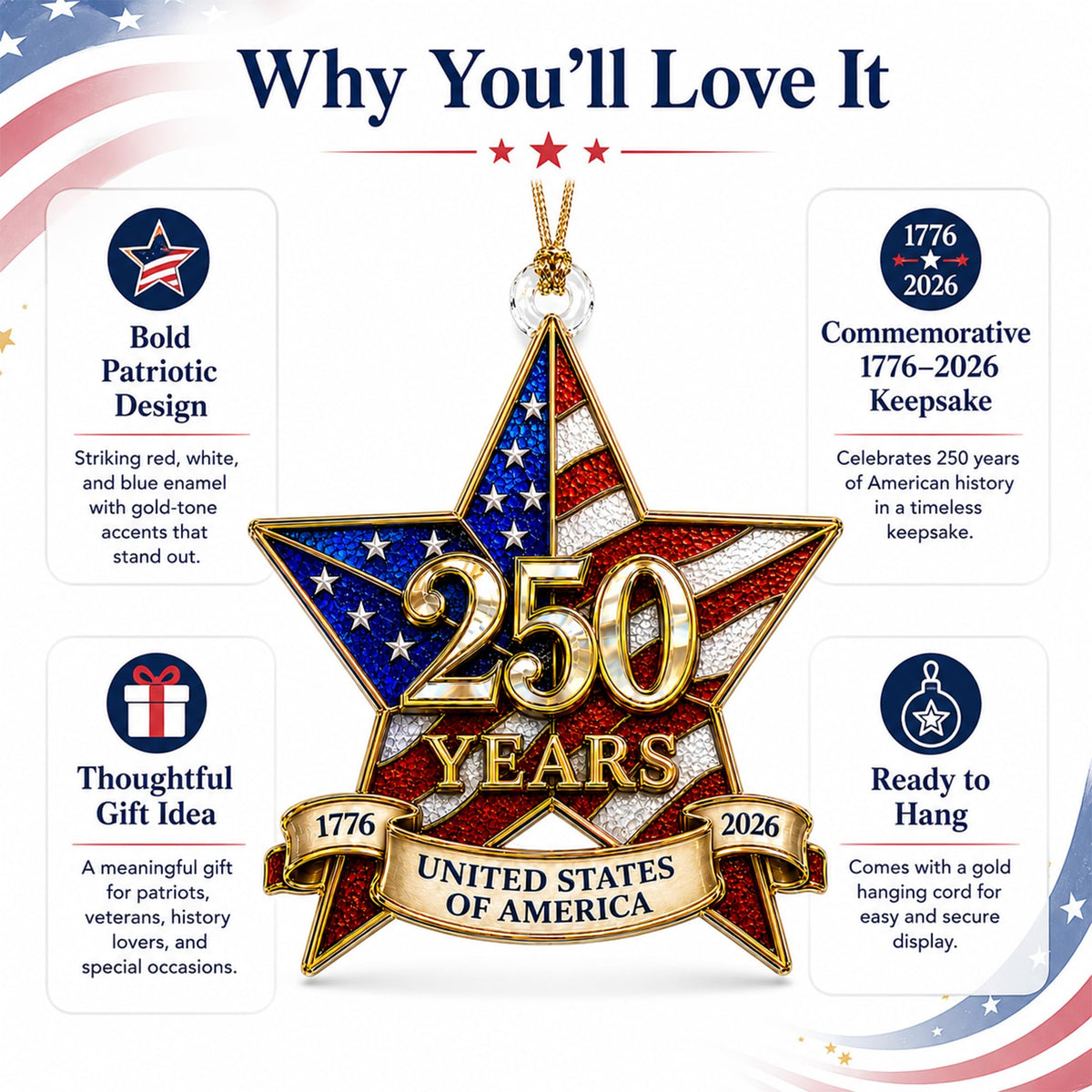 250th Anniversary USA Ornament 1776-2026, Patriotic Acrylic Star Ornament, Double Sided USA 250th Anniversary Merchandise, Patriotic Decoration for 4th of July, Independence Day