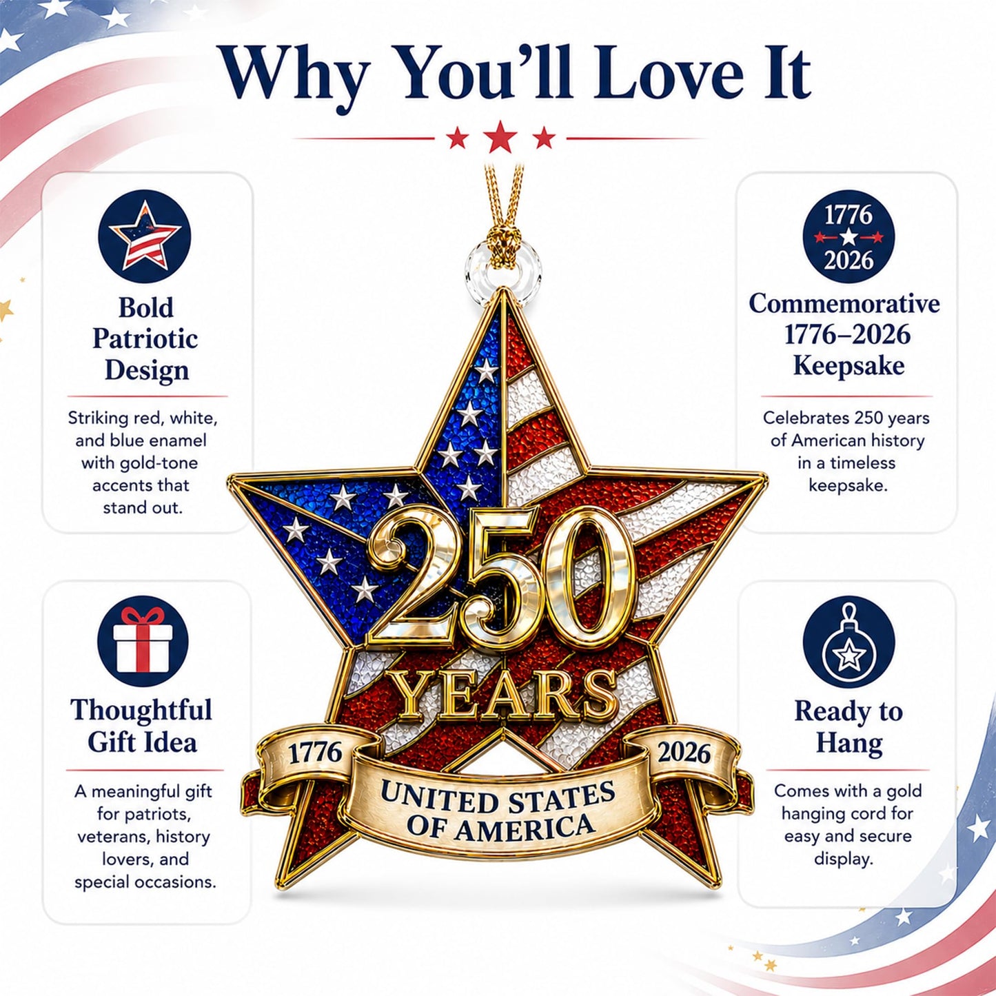 250th Anniversary USA Ornament 1776-2026, Patriotic Acrylic Star Ornament, Double Sided USA 250th Anniversary Merchandise, Patriotic Decoration for 4th of July, Independence Day