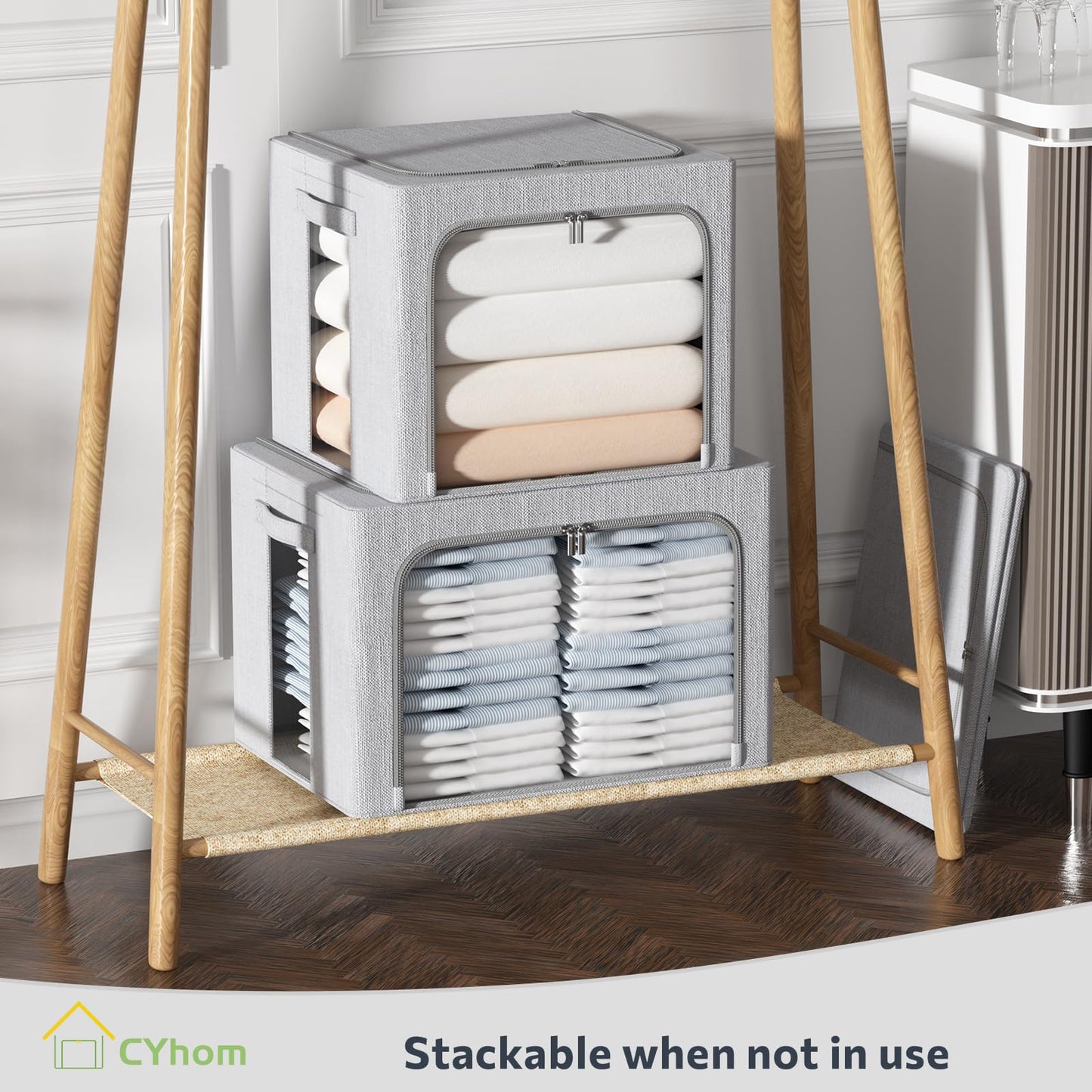CYhom 3Pack Foldable Storage Bins - Frame Storage Box Linen Fabric Stackable Clothes Container Organizer with Clear Window & Carry Handles Large Capacity (Medium-36L, Light Grey)