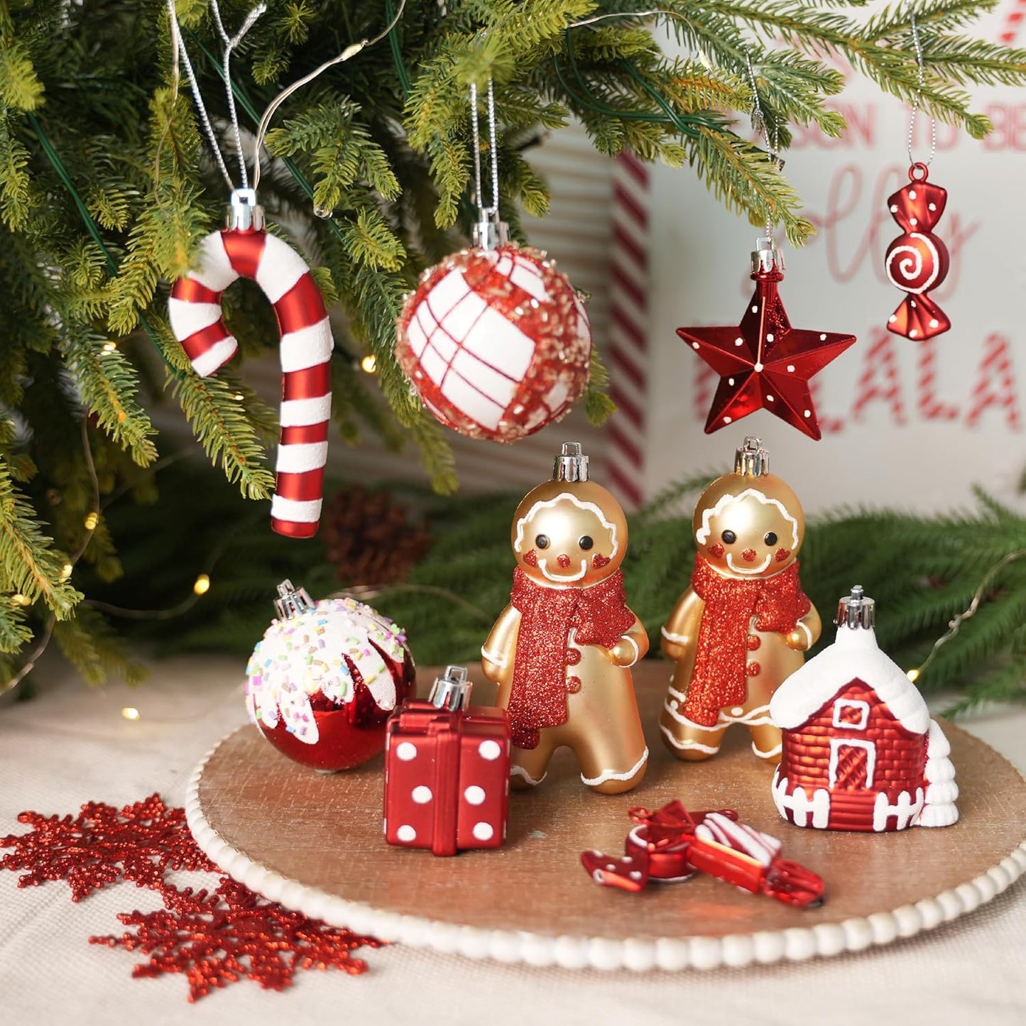 SHareconn 65pcs Christmas Tree Ornaments Set, Shatterproof Christmas Gingerbread Man Balls Bulk Gift Boxes, Hanging Plastic Decorative Baubles for Xmas Trees Decorations, Holiday Party, Red White