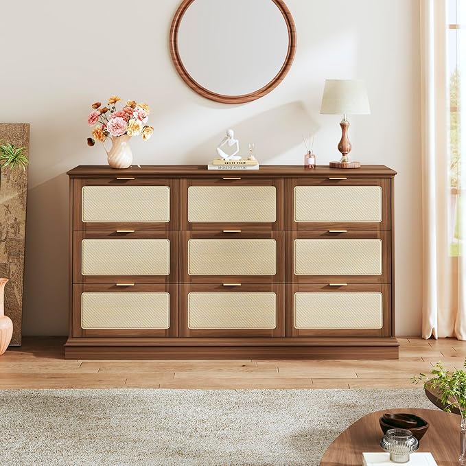 HUAHUU 9 Drawer Dresser for Bedroom, 60 Inch Long Dressers & Rattan Chest of