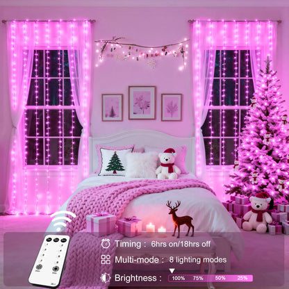 JMEXSUSS 300 LED Curtain Lights Plug in with Remote, Pink String Lights for Bedroom, Christmas, Window, Wall, Party, Teen, Girls' Room, Dorm, Valentine's Day Indoor Outdoor Decor, 9.8X9.8ft