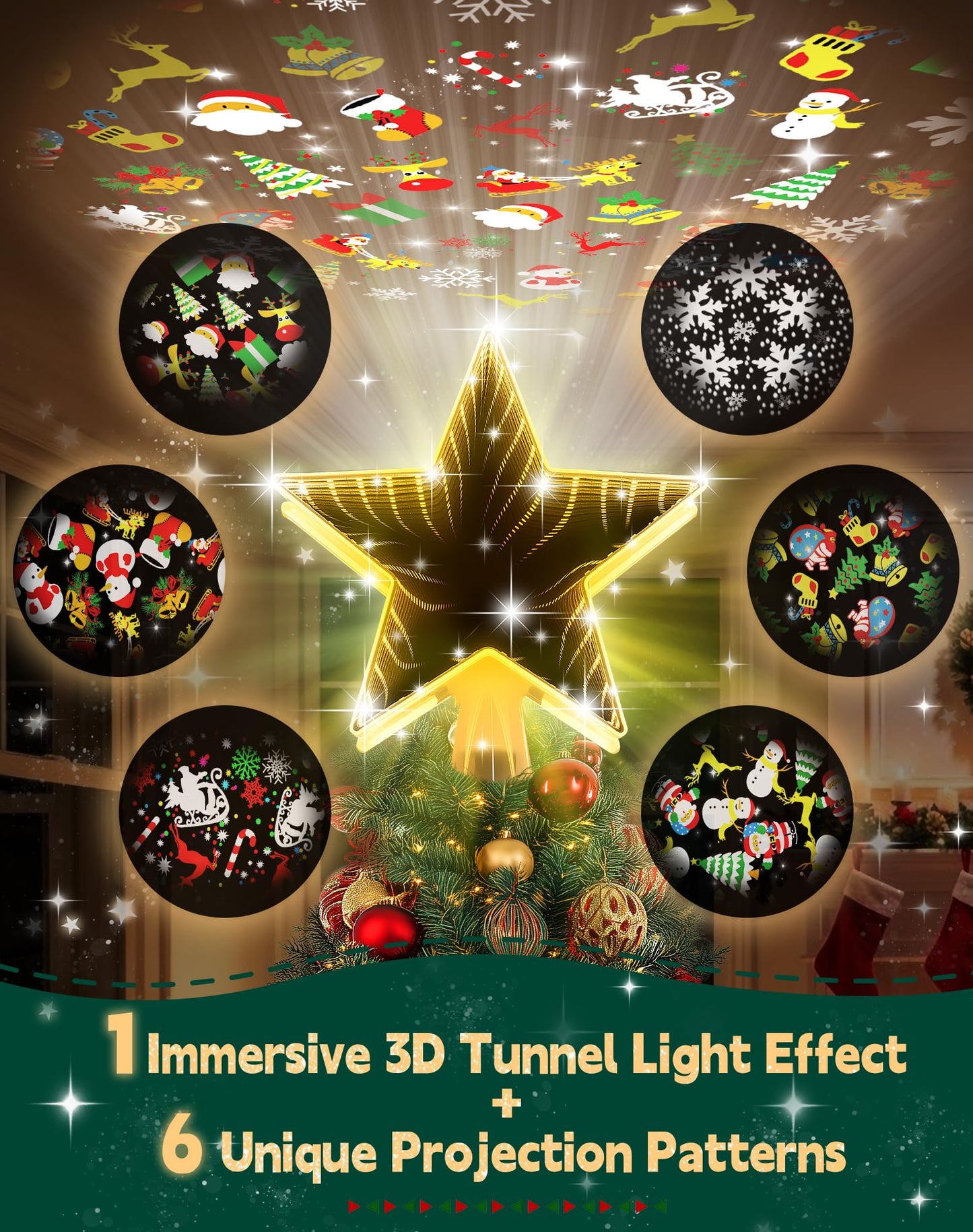 Christmas Tree Topper with 6 Projection Modes, Christmas Star Tree Topper with Built-in Rotating Projector, 104 LED Warm Lights 3D Tunnel Dynamic Lighting Effect Christmas Tree Decoration