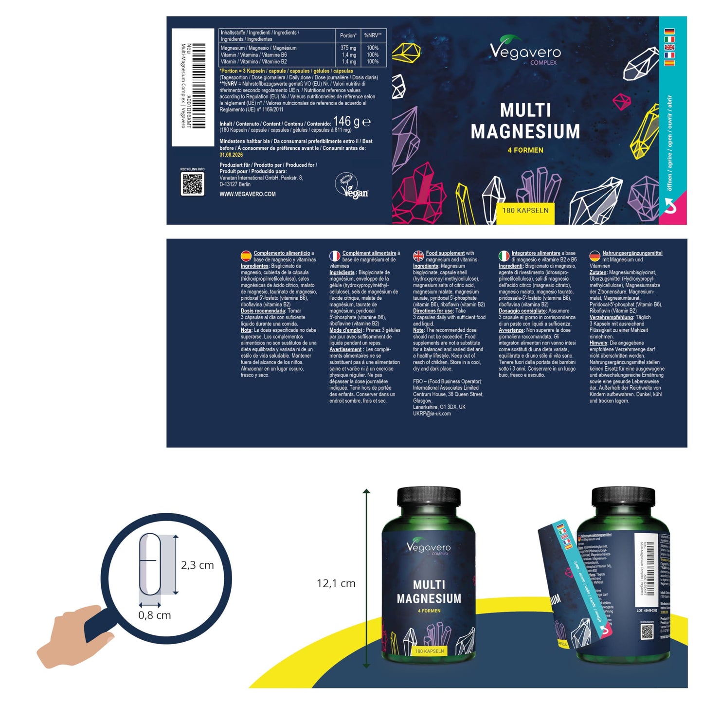 Vegavero Advanced Multi Magnesium Complex | with 4X Chelated Forms: Citrate, Bisglycinate, Malate & Taurate | Vitamins B6 & B2 for Superior Absorption | 180 Vegan Capsules | NO Additives