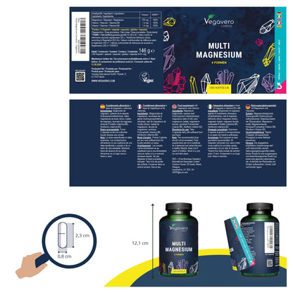 Vegavero Advanced Multi Magnesium Complex | with 4X Chelated Forms: Citrate, Bisglycinate, Malate & Taurate | Vitamins B6 & B2 for Superior Absorption | 180 Vegan Capsules | NO Additives