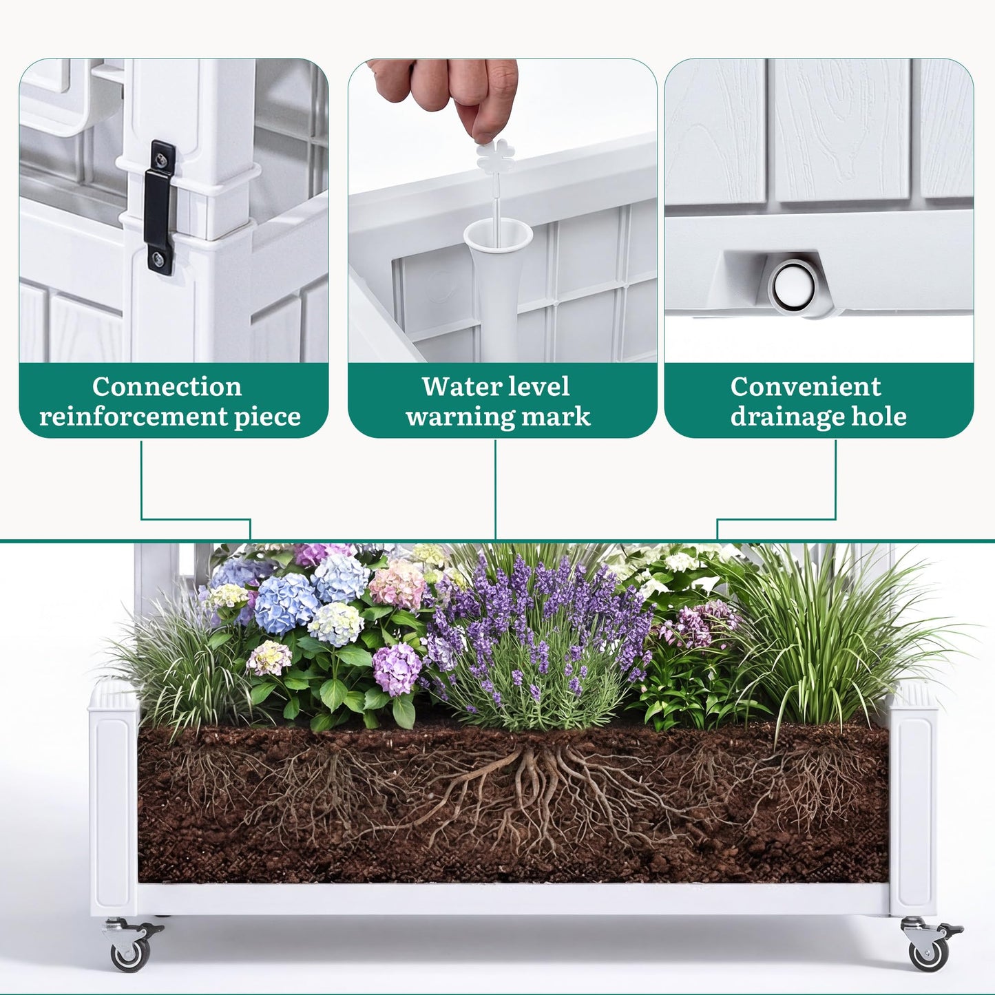 YITAHOME 42.5x14.2x61 in Planter Box with Trellis/Outdoor Privacy Screen, All-Weather Raised Garden Bed with Wheels & Drain Plug for Climbing Plants Flowers Herbs, White