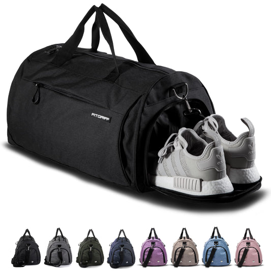 Fitgriff® Gym Bag for Men & Women with Shoe & Wet Compartment - Duffle Bag for Travel, Sports, Fitness & Workout (Full Black, 19 x 10 x 10″ (Small))