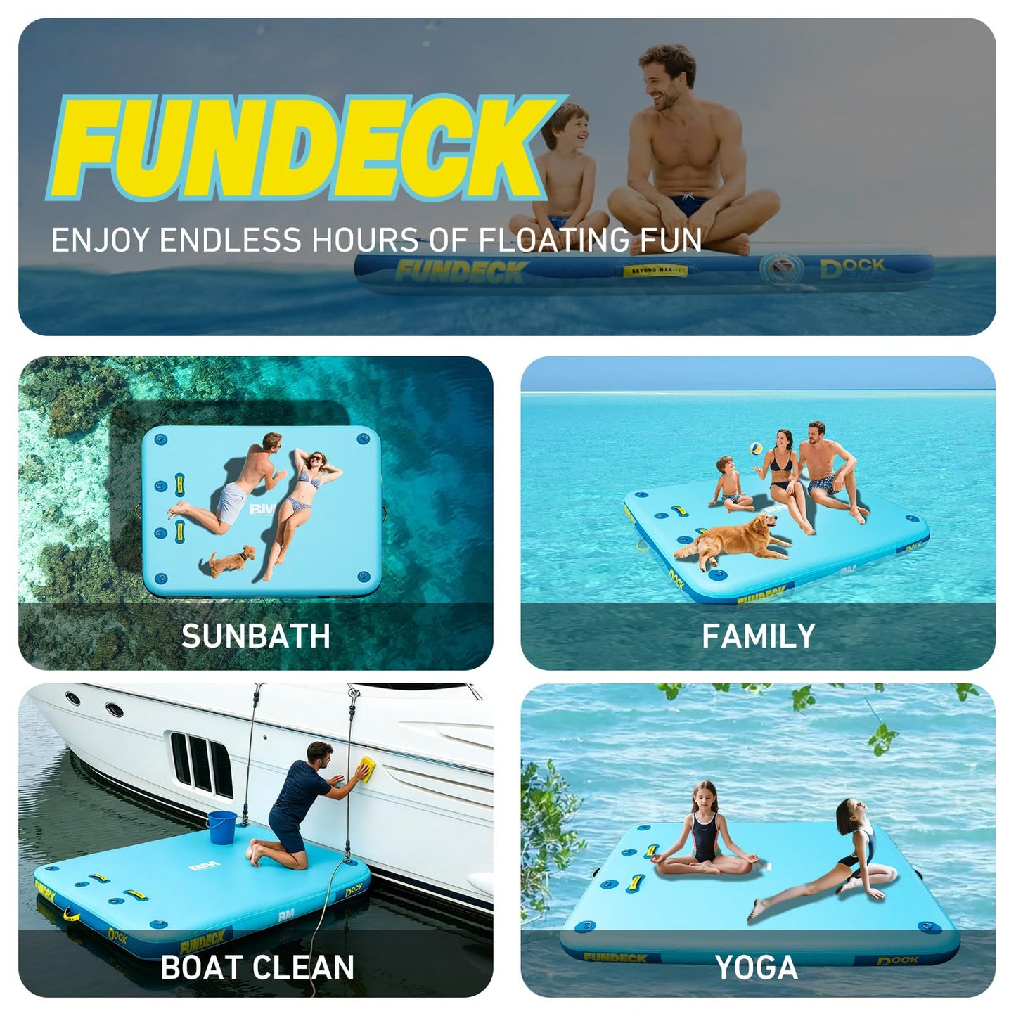 Inflatable Floating Dock – Swim Platform, Floating Deck Raft Mat for Lake, Pool, Beach, Ocean – Non-Slip Surface – BM Fundeck 5×6 FT