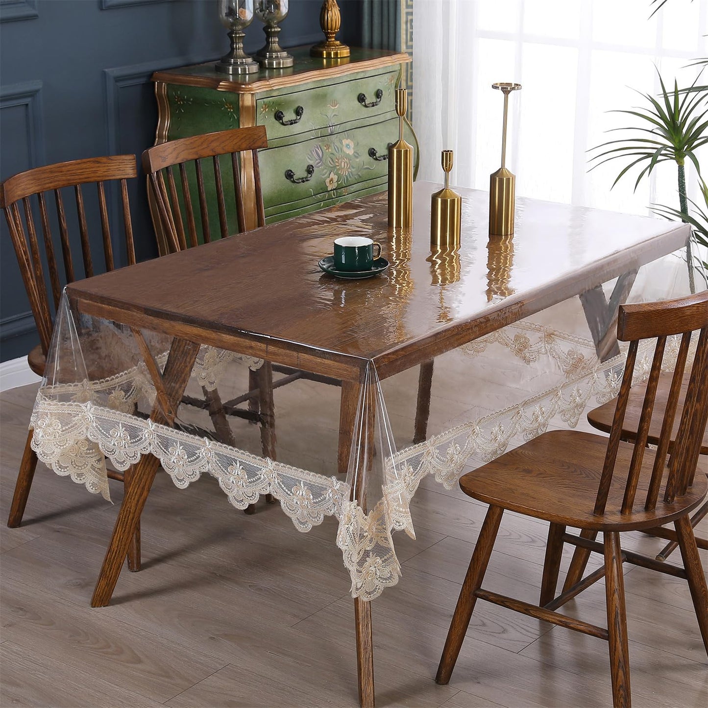 Rakila Clear Plastic Rectangle Tablecloth Vinyl Waterproof Table Cloth Embroidered Lace Edge Transparent Table Cover for Dining Kitchen Outdoor(60 x 86 inch, Coffee Style 2)