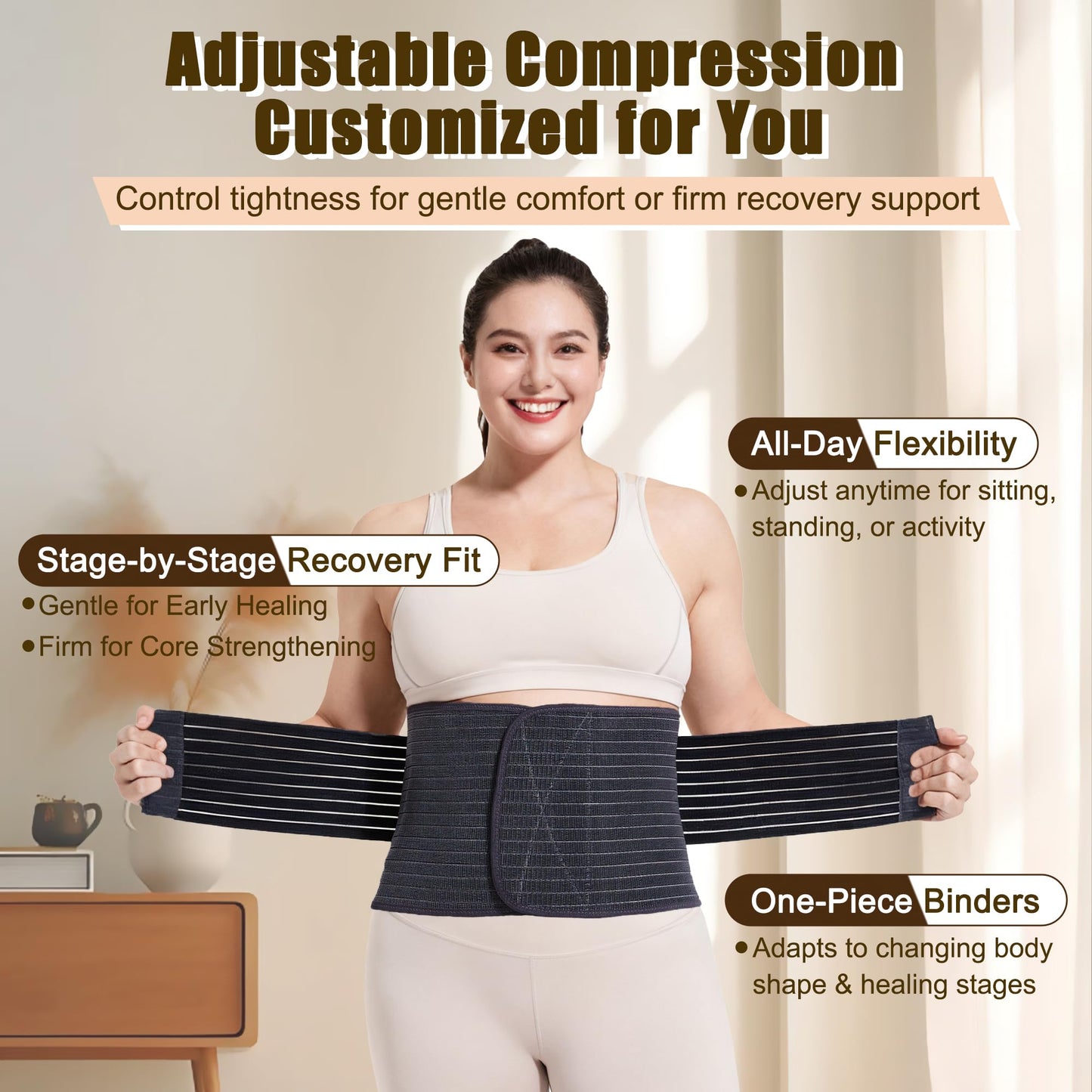 Reian Belly Band, Postpartum Essentials for Natural and C-Section Recovery, Adjustable Compression Wrap, After Birth Support Brace, Abdominal BInder (Black, Large)