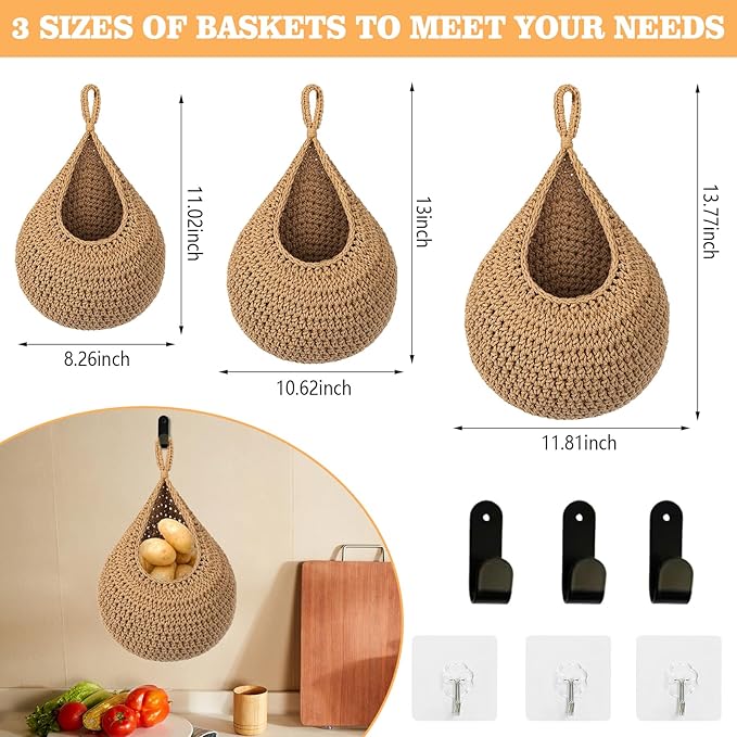 Hanging Fruit Baskets for Kitchen, 3 Pack Boho Wall Hanging Basket for Fruits &