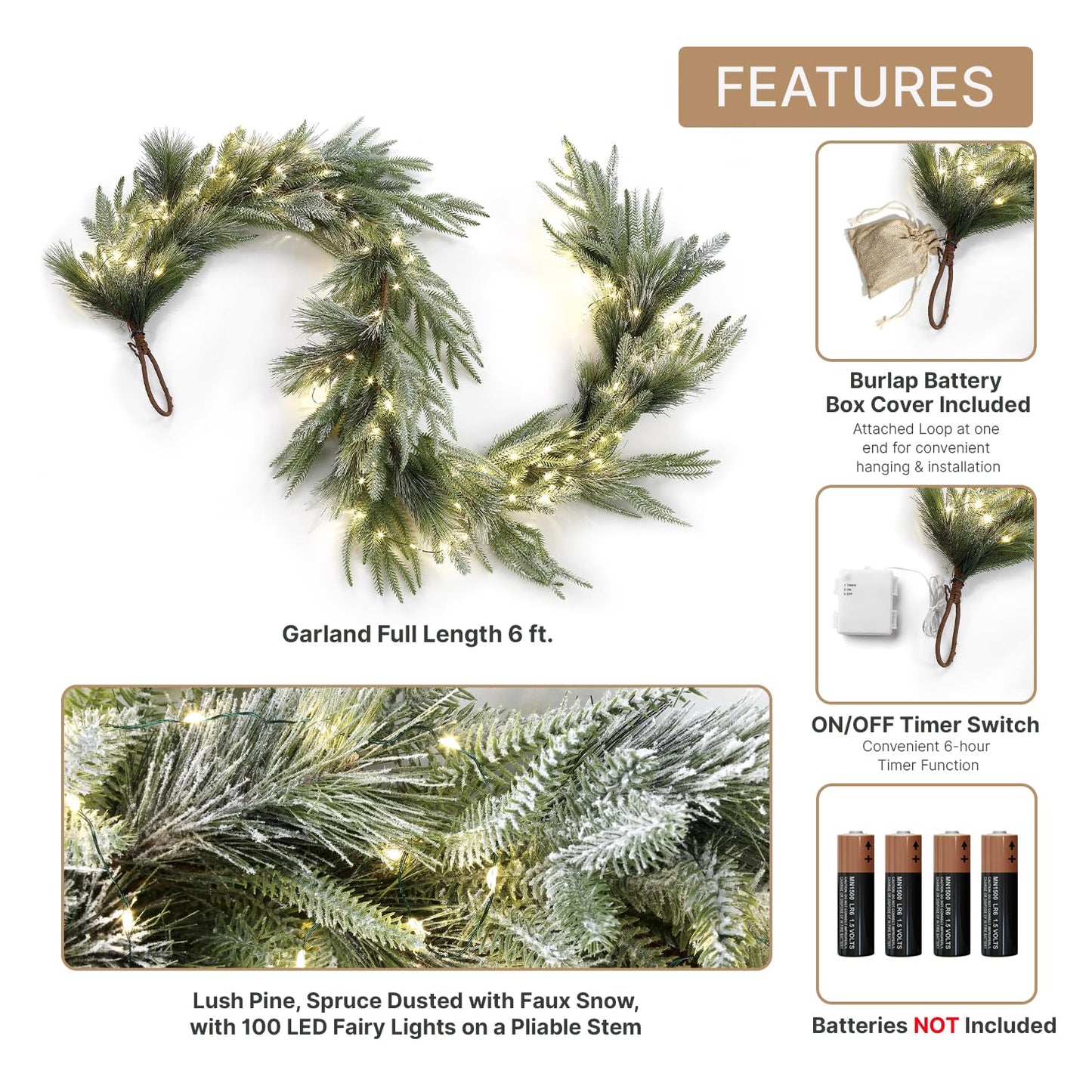 LampLust Winter Garland with Lights Battery Operated, 6 Ft Lighted Garland, Frosted Garland with Pine Branches & Faux Snow, 100 LED Lights with Timer, Winter Garland for Mantle All Year Round