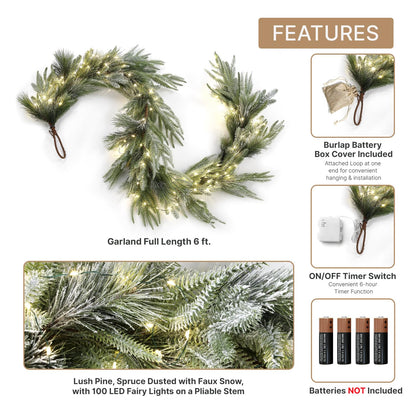 LampLust Winter Garland with Lights Battery Operated, 6 Ft Lighted Garland, Frosted Garland with Pine Branches & Faux Snow, 100 LED Lights with Timer, Winter Garland for Mantle All Year Round
