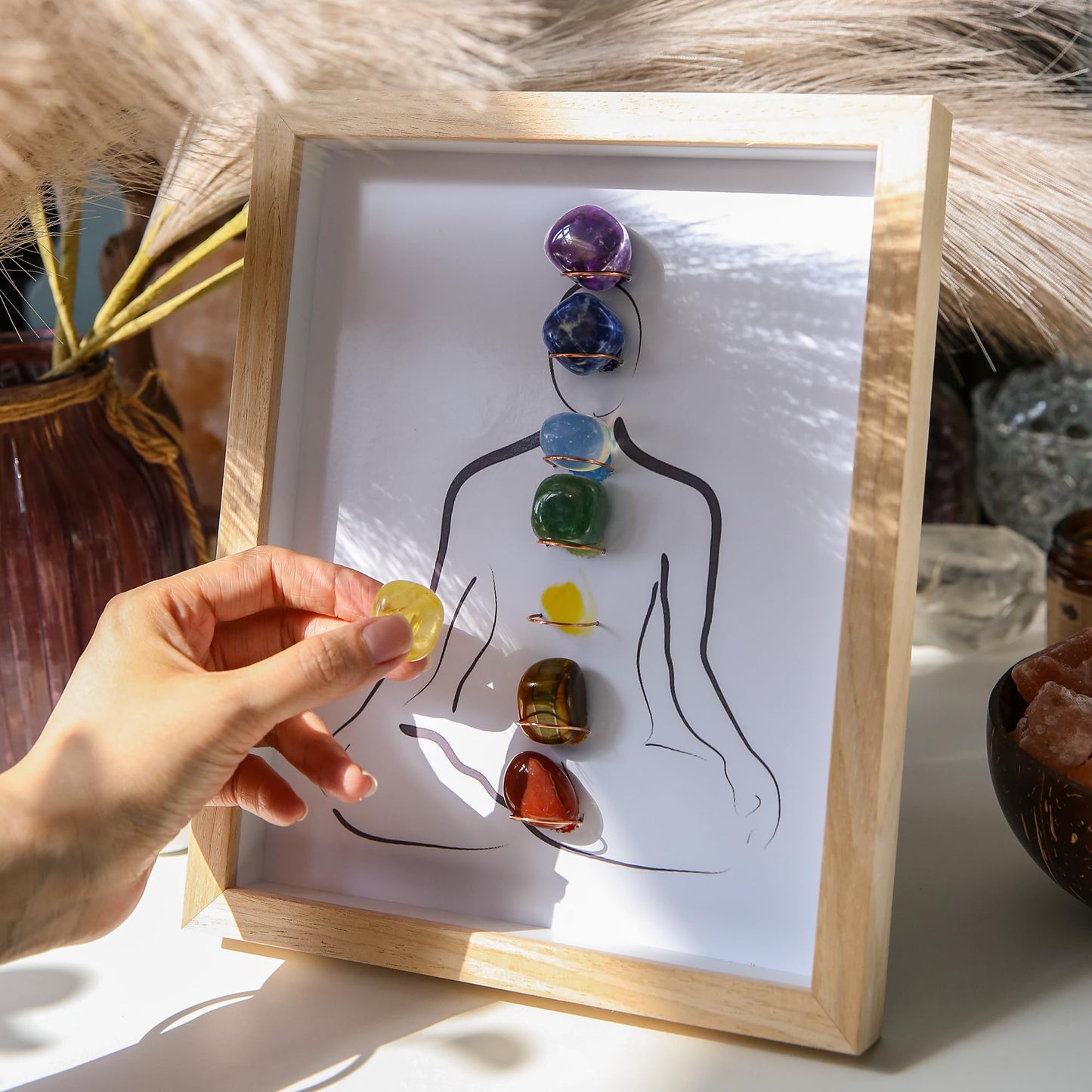 MYDAYS&DESIGN Premium 7 Chakras Healing Crystal Stones Frame, for Home Decor, Office Desk Decor, Reiki Meditation Yoga Decor, Good Luck Birthday Gifts for Women, Mom